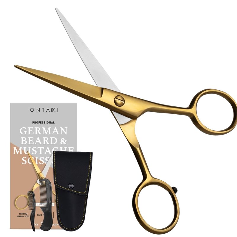Ontaki Beard & Mustache Scissors for Men - 5inch, Gold Brass - 410C German Steel Durable, Ergonomic Design Travel Friendly Facial Hair Scissors - Beard Kit 2 Combs & Case Perfect for Styling
