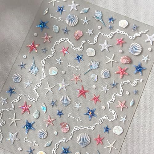 Quezadyl Starfish Nail Art Stickers 2 Sheets Summer Seashell 5D Embossed Shell Decals for Manicure and Nail Design