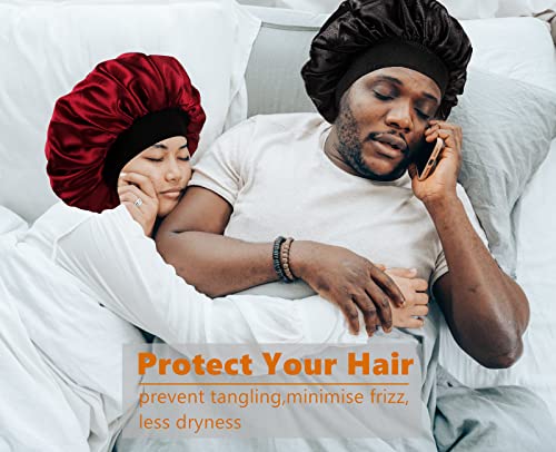 Himoswis Satin Sleep Bonnet for Men & Women Black/Burgundy - Reversible Hair Cap