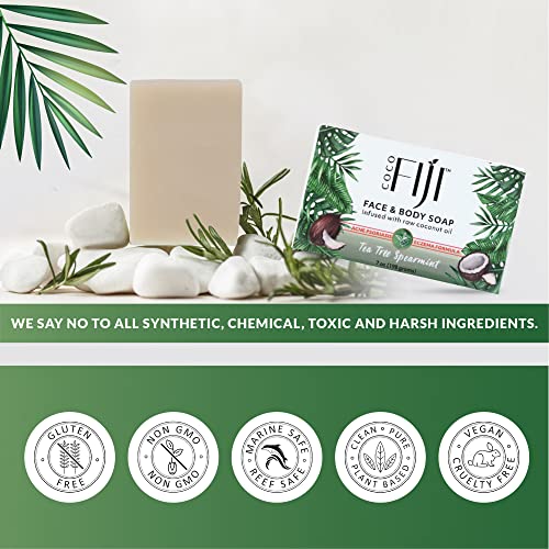 Organic Fiji Coconut Tea Tree Spearmint Soap Bar for Face & Body - 7 oz Pack of 2