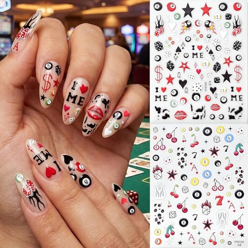 SKYCLOUD Self-Adhesive 3D Nail Stickers - Pool Balls & Dice Design, Lucky 7, Casino Theme, 3 Sheets - Nails Sticker-zh513