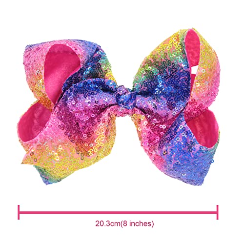 DIUEWOW Big Rainbow Sequin Hair Bows for Girls and Women - 8 Inches Glitter Alligator Clips & Pins, Pride & Festive Accessories
