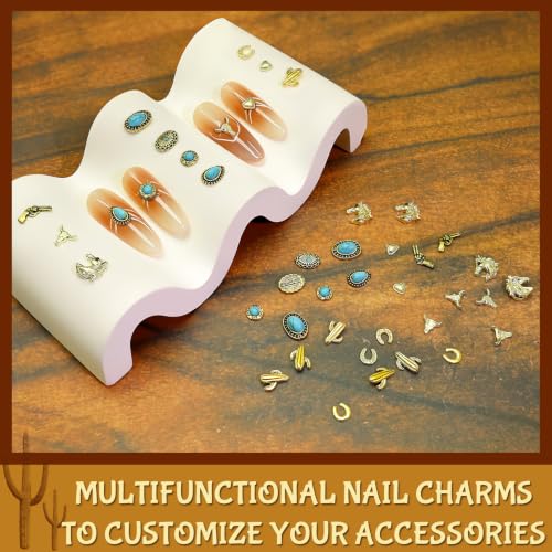 Gold Western Nail Charms Set 61pcs Cowboy Cowgirl 3D Turquoise & Metal Embellishments