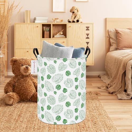 QUEENLALA Large Foldable Round Storage Basket - Waterproof, Green Leaf