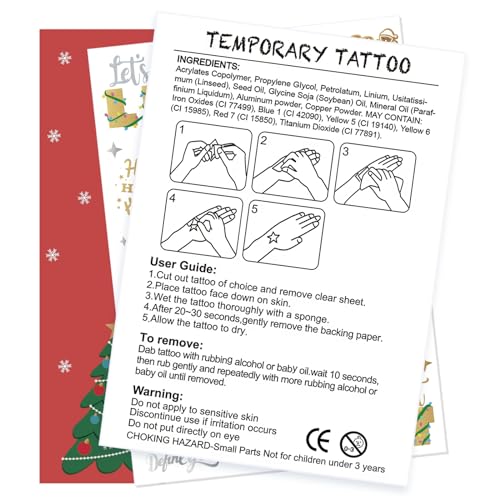 Christmas Temporary Tattoos with Glitter & Metallic Designs - 30 Styles for Kids & Parties
