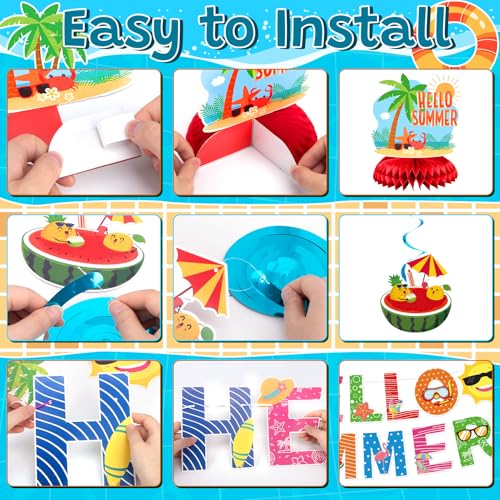 Hello Summer Party Decorations Set - Beach Theme Decor with Banners, Swirls & Fringe Curtains