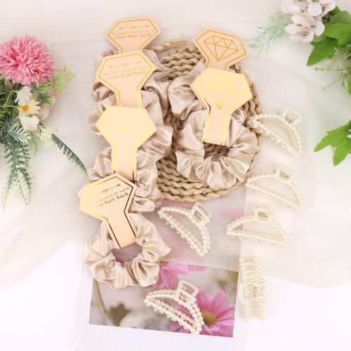 Bridesmaid Proposal Gift Set - Satin Hair Scrunchies & Pearl Claw Clips, 12 Pieces