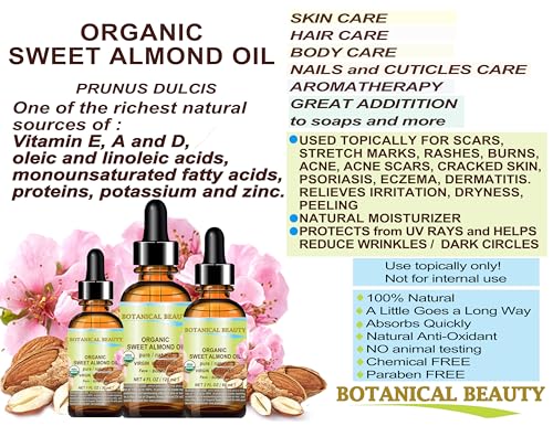 Botanical Beauty Organic Sweet Almond Oil - 100% Pure Cold Pressed 2 Fl. oz