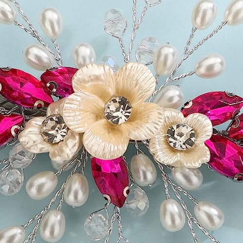 Xerling Rose Red Rhinestone Flower Hair Barrettes Clip Bridal Pearl Headpiece