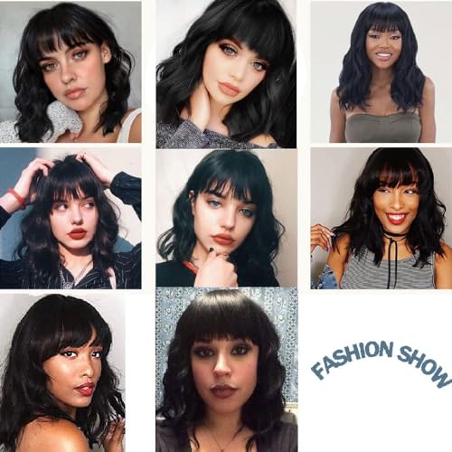 ITTAYLER Short Black Wavy Bob Wig with Bangs - Synthetic Curly 14 Inch Cosplay & Halloween Style
