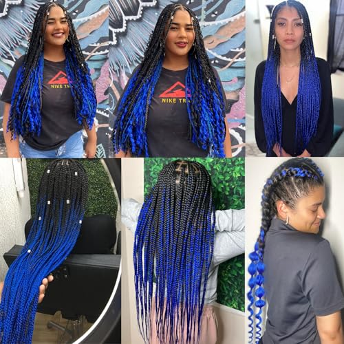 34 Inch Pre-Stretched Braiding Hair #1B/Blue - 6 Packs for Easy Styling