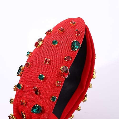 HSWE Red Crystal Knotted Christmas Headband for Women & Girls Holiday Party Accessory