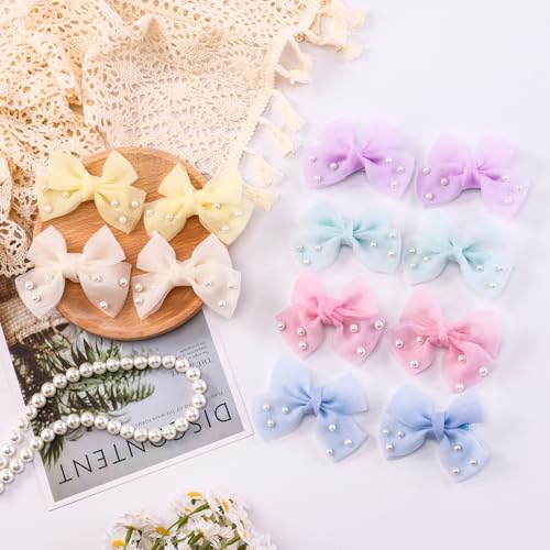 Ivory 3.2-inch Dreamy Tulle Hair Bows with Pearls - Alligator Clips for Baby Girls & Toddlers - Elegant Gift-Ready Accessories