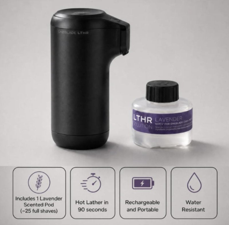 OneBlade LTHR Hot Lather Machine for Shaving, Cordless Rechargeable Barbershop Hot Shave Dispenser, 90-Second Heat-Up, Portable Lather Machine with LED Indicators, Water-Resistant, Includes 3oz Pod
