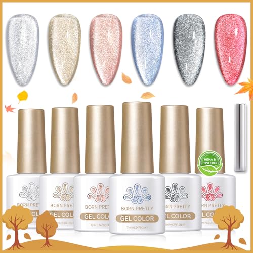 Born Pretty Cat Eye Gel Nail Polish Set - 6 Color Holographic Glitter Kit