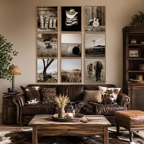 9-Piece Vintage Western Cowboy Wall Art Set - Rustic Farmhouse Canvas Prints 8x10in Unframed