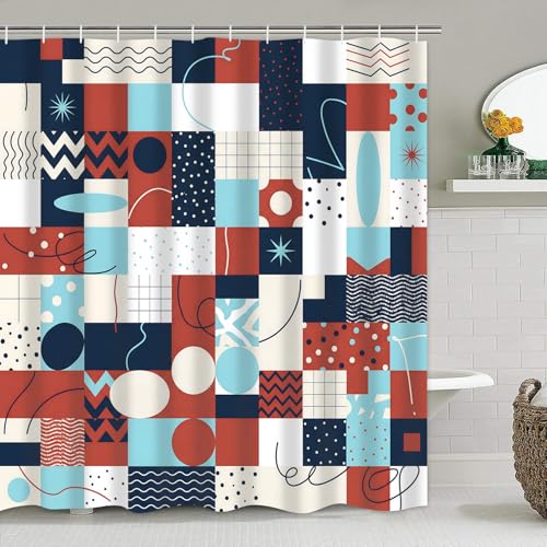 LQCOOL Geometric Patchwork Shower Curtain Set with Rugs & Hooks