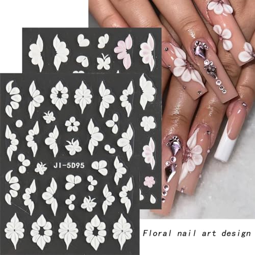 5D Embossed Flower Nail Stickers - Pink & White Floral Decals