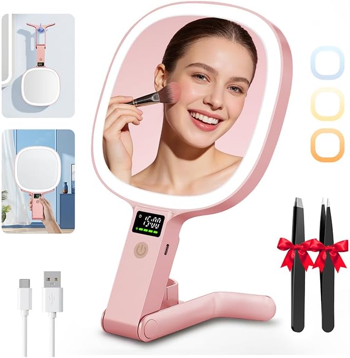 Auxmir Travel Makeup Mirror - 30X/1X Rechargeable Lighted Magnifying Mirror with 3 Color Dimming | Portable & Foldable Design, White