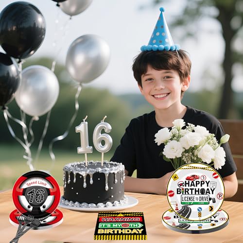16th Birthday Decorations Set for Boys - Driver's License Theme, 96 Pcs Tableware for 24 Guests