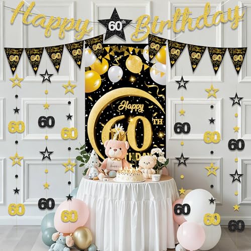60th Birthday Decorations Set - Black Gold Banner & Swirls