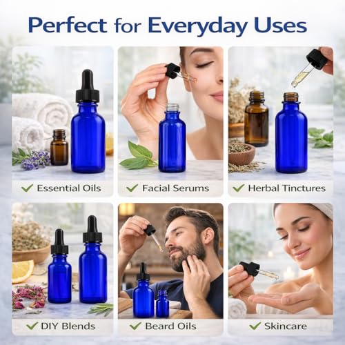 GreenHealth 2oz Cobalt Blue Glass Dropper Bottles Pack of 2 β Travel Size, UV Protection, Refillable for Essential Oils & Serums