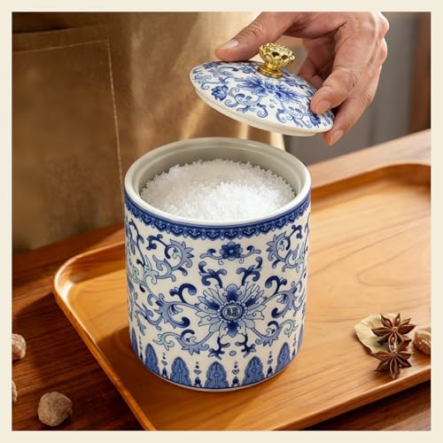 Vintage Blue & White Ceramic Salt Cellar with Airtight Lid