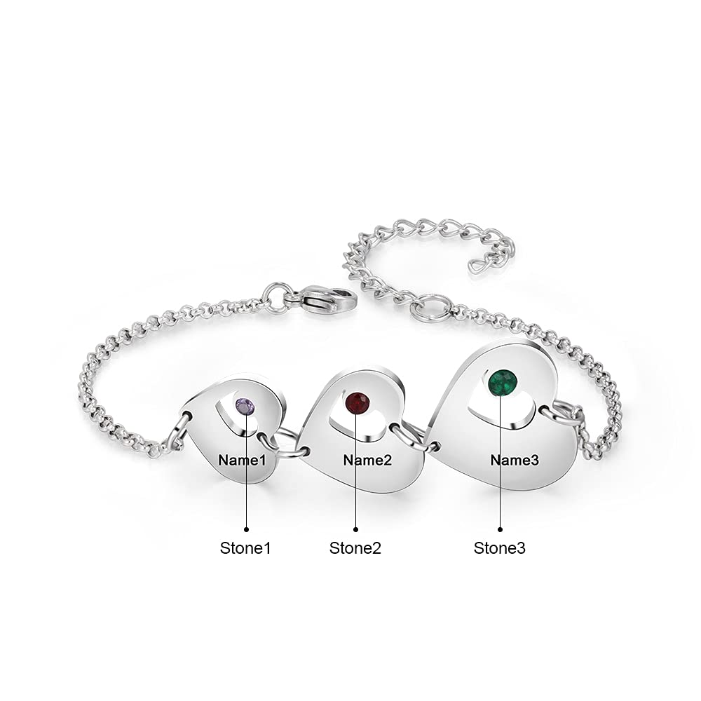 Luxladis Personalized Name Heart Bracelet with 1-6 Birthstones Custom Bracelet for Women Engraved Names Link Bracelets for Mother's Day Mom (3 names)
