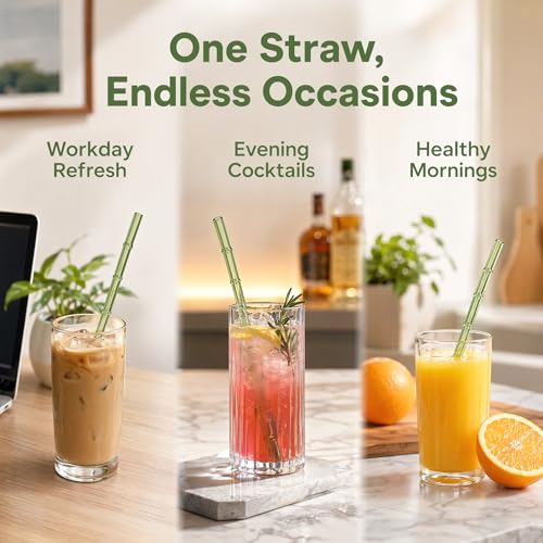Bamboo Glass Straws Set - 4 Reusable Borosilicate Straws with Cleaning Brush