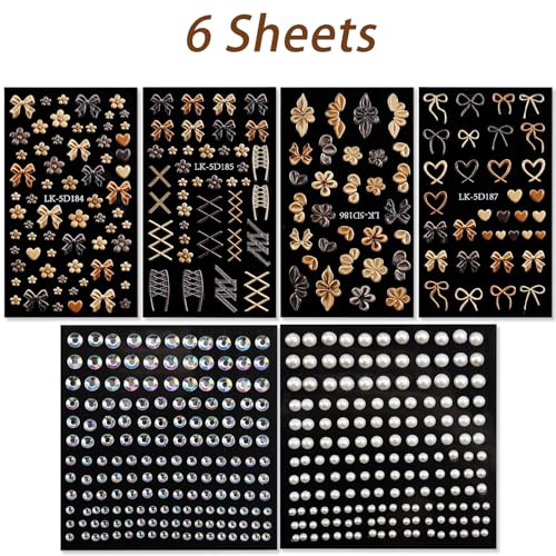 Bow Flower 3D Nail Stickers with Pearls & Rhinestones for Nail Art