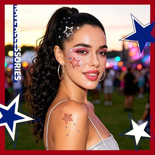 4th of July Face Gems - Red, White & Blue Star Rhinestone Stickers