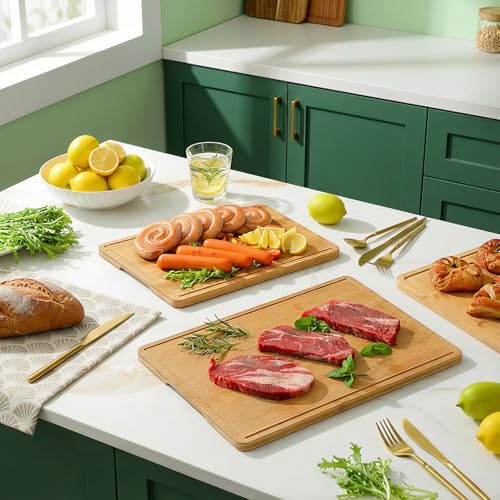 Zarler Bamboo Cutting Board Set - 3 Durable Boards with Juice Grooves & Handles, Ideal for Meal Prep