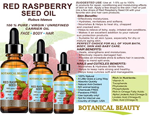 Botanical Beauty Red Raspberry Seed Oil - 100% Pure Virgin 1 Fl Oz