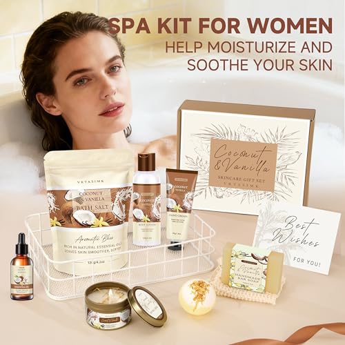 Gifts for Women Happy Birthday Gift Baskets, Bath and Body Gift Set Mothers Day Gifts, Vanilla Coconut Relaxing Home Spa Set Self Care Gift for Mom Sister Her Wife Grandma Girlfriend Friends