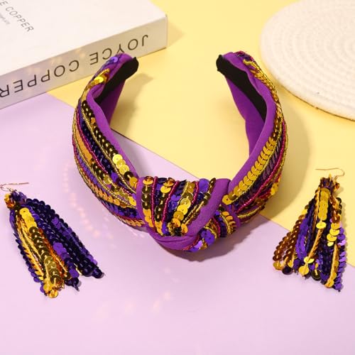 ARATLENCH Purple & Gold Sequin Game Day Headband with Top Knot for Football Fans
