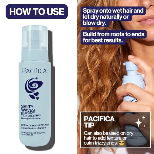 Pacifica Salty Waves Beachy Spray with Coconut - Sea Salt Hair Texturizer, 4oz - Lightweight Vegan Beach Waves