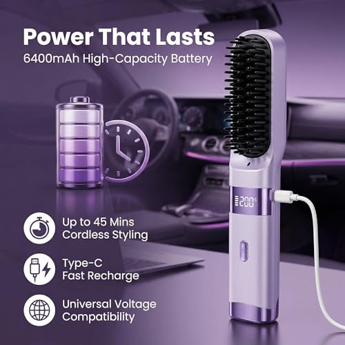 Cordless Hair Straightener Brush - Portable 4 Temp Comb for Travel