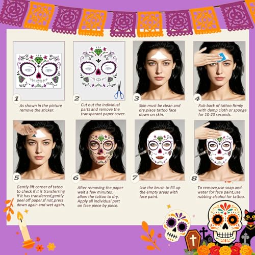 Day of the Dead Face Tattoos - 8 Pack Halloween Temporary Sugar Skull Face Art