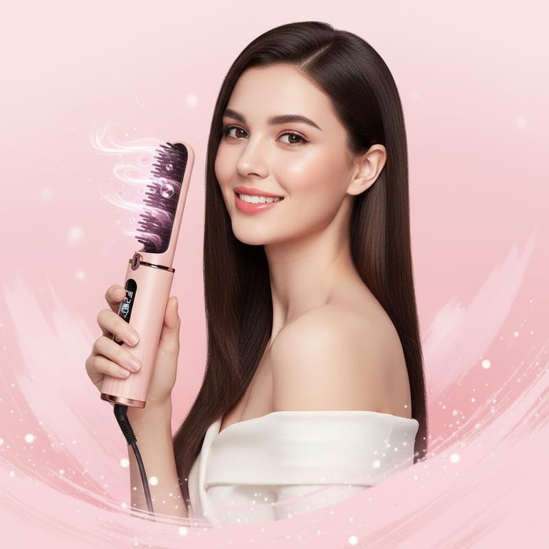 Cordless Hair Straightener Brush - Fast Heating Ionic Comb | Rechargeable Anti-Scald LED Display, Portable Travel Tool