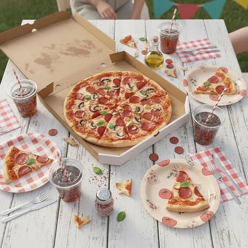48-Count Pizza Themed Paper Plates - 9 Inch Red Gingham & Tomato Design