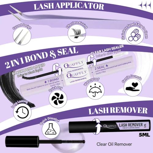 QUAFFLY 678PCS Lash Clusters Kit with Spikes, Bond, Seal, and Remover