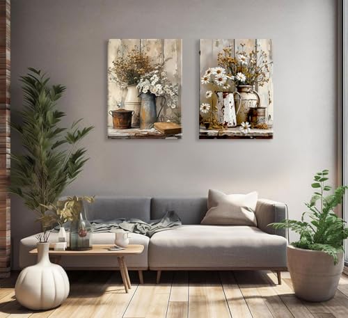 Farmhouse Daisy Canvas Wall Art Set - Vintage Floral Prints 12x16