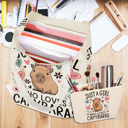 Canvas Tote Bag and Makeup Bag Set - Cute Graphic Travel Handbag