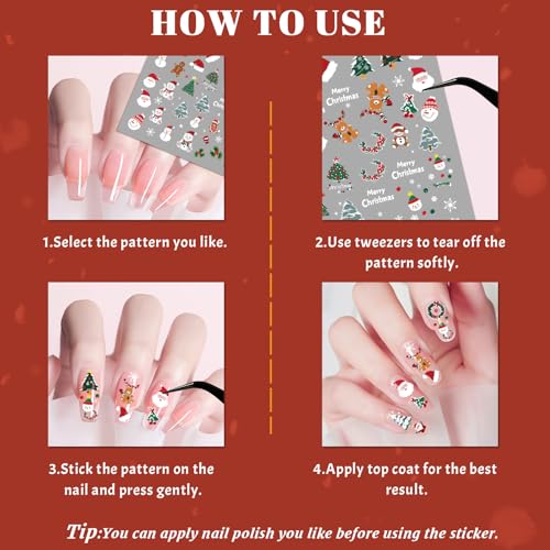 Atydkug Christmas Nail Stickers - 9 Sheets Embroidery & Festive Decals for Nail Art, Xmas Tree Santa Claus, Holiday Decoration, Self-Adhesive, Girl Women Kids