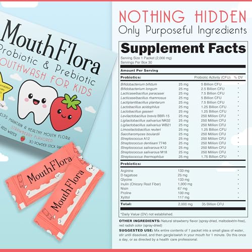 Kids Probiotic Mouthwash with Strawberry Flavor, Gentle Oral Care for Sensitive Gums, 30 Pack