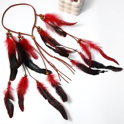 Vibrant Red Boho Indian Feather Headdress - Adjustable Festival Headband