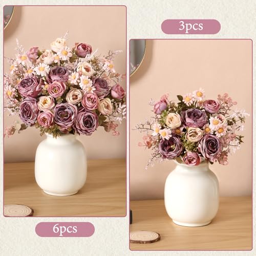 3PCS Pink Artificial Flower Bouquet - Silk Vintage Roses & Daisies