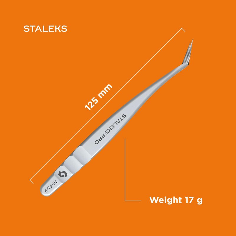 STALEKS PRO Expert 41 Type 9 Professional Eyelash Tweezers (L-Shaped 35°) – Stainless Steel for Mega-Volume 2D-8D Lash Extensions & Long Working Edges