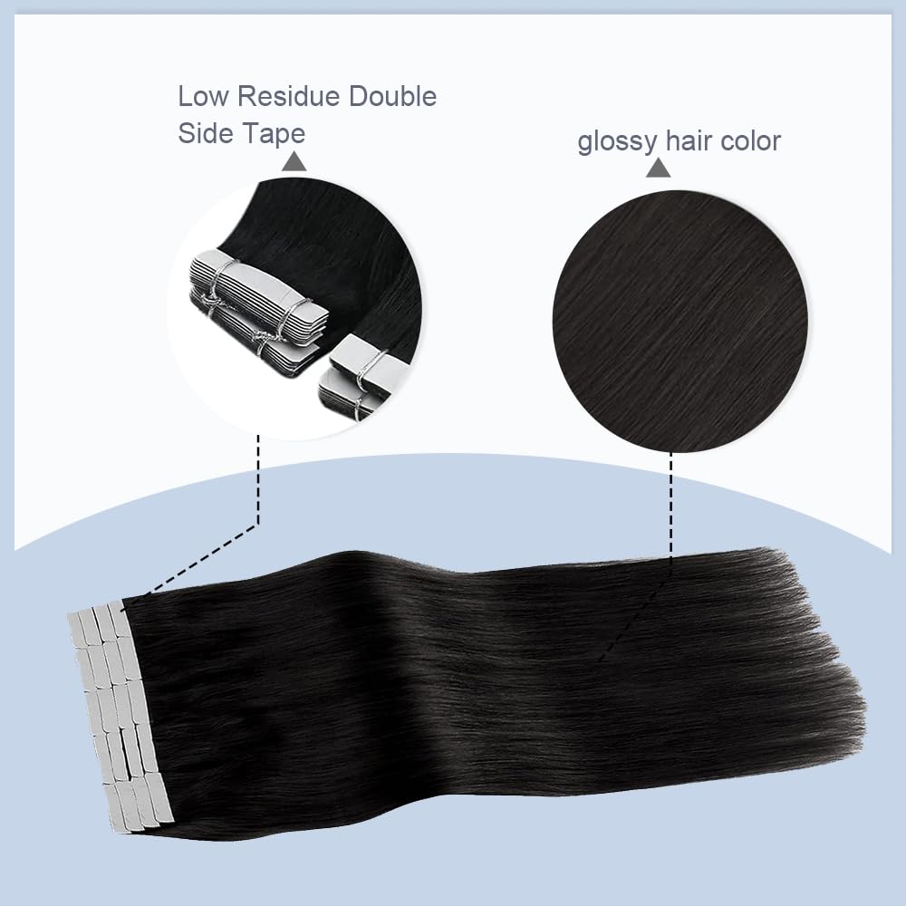 #1B Tape in Extensions Human Hair 16 Inch Natural Black Straight Tape in Seamless Extensions Real Human Hair Skin Weft Seamless Invisible Remy Hair 40g 10Pcs.