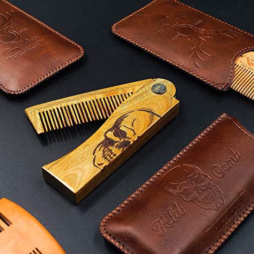 Menesia Skull Folding Wooden Beard Comb for Men with Leather Travel Case
